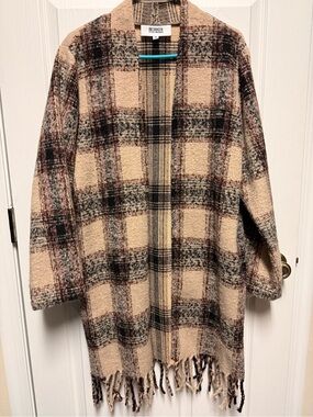 BB Dakota Steve Madden Taupe Plaid Open-Front Fringe Sweater